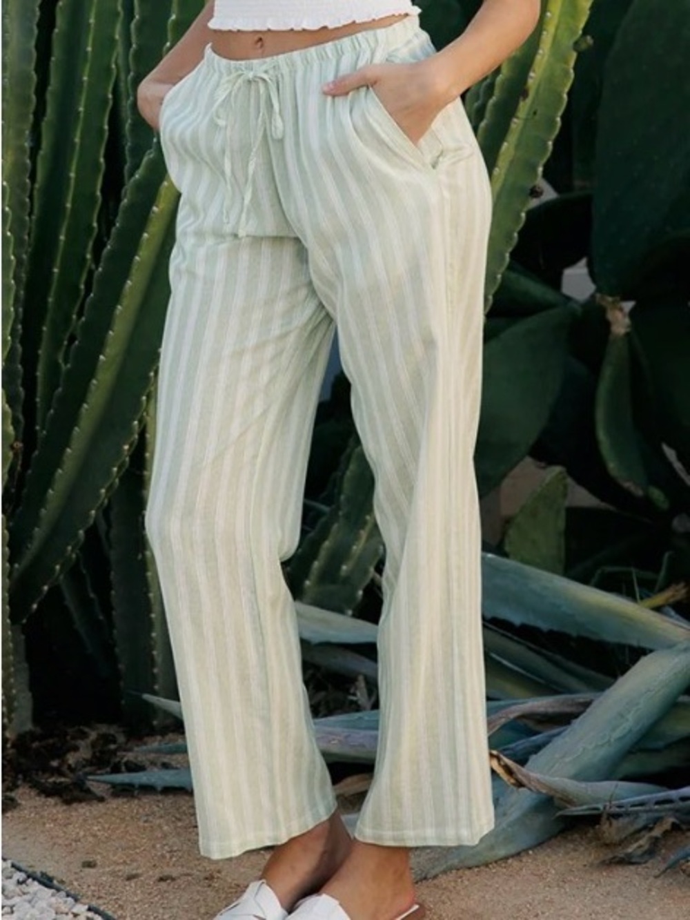 Cali1850 Pull on Pants Linen Blend Sage White Striped Drawstring Pockets S
